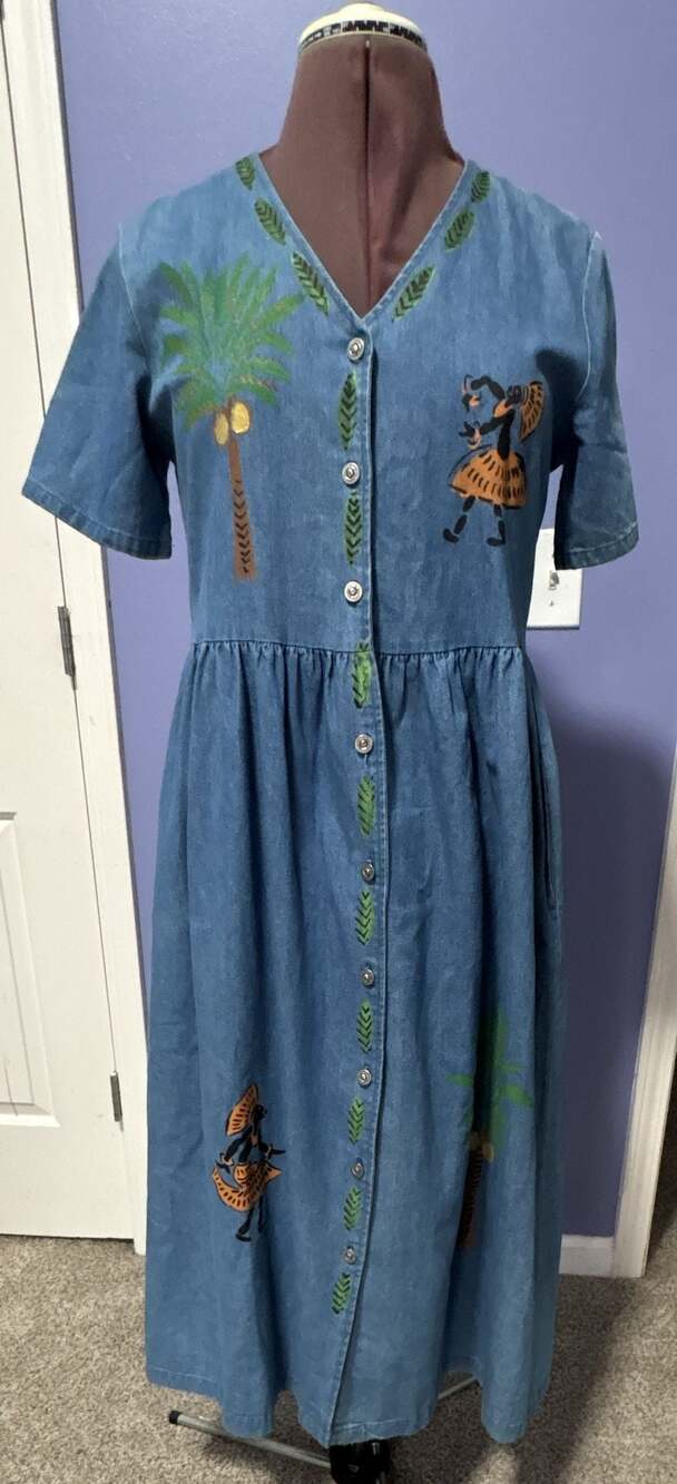 Colon Vintage Hand Painted Denim Dress V-Neck Short Sleeve Button Down Size M